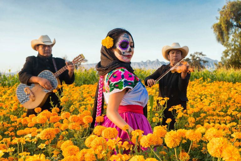 Catrina and mariachi musicians in a field of orange cempasuchil marigold flowers on Day of the Dead