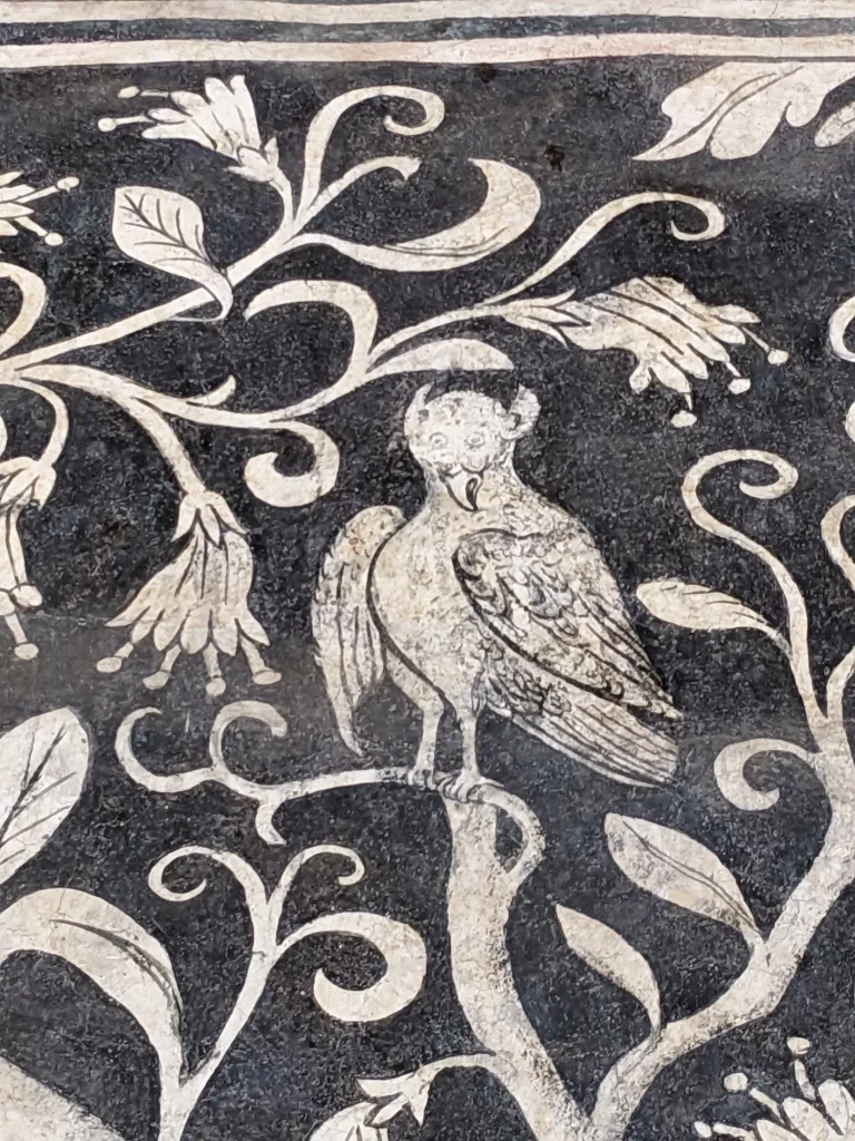 Close-up shot of a 16th Century fresco at the Divine Savior Parish and Augustinian Monastery in Malinalco, depicting a perched bird on a branch