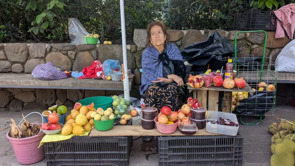 Fruit seller sells pomegranite and other fruits at Malinalco Market, Malinalco, Mexico