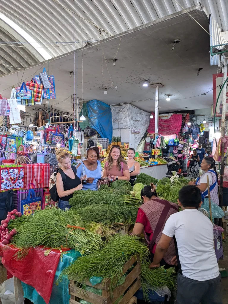 Group of retirees exploring the market in Cuernavaca, Mexico, looking at vegetables