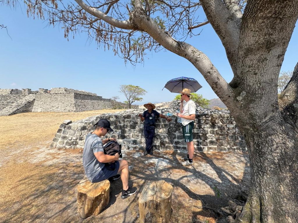 American tour group at Xochicalco Pyramid, Mexico