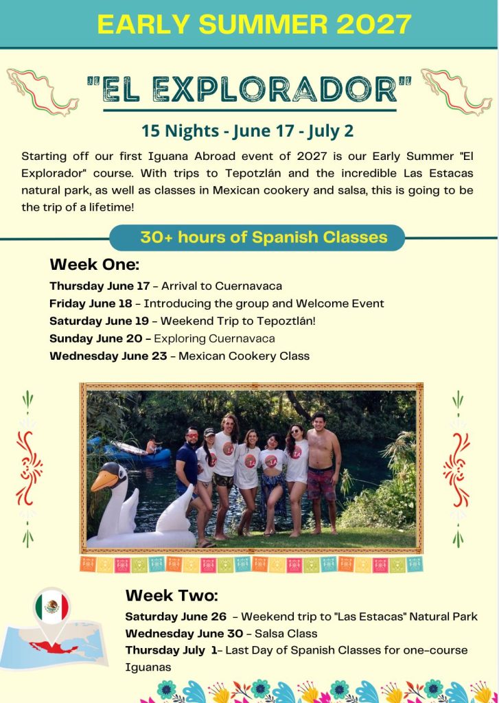 Full Course itinerary for the Iguana Abroad Summer Spanish Immersion Course including a list of all excursions and activities