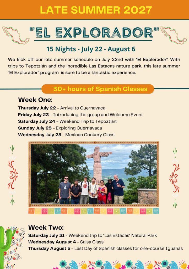 Full Course itinerary for the Iguana Abroad Summer Spanish Immersion Course including a list of all excursions and activities