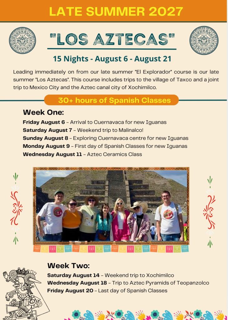 Full Course itinerary for the Iguana Abroad Summer Spanish Immersion Course including a list of all excursions and activities