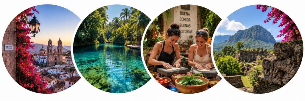 four circular overlapping photos showing landscapes from our January Immersion course