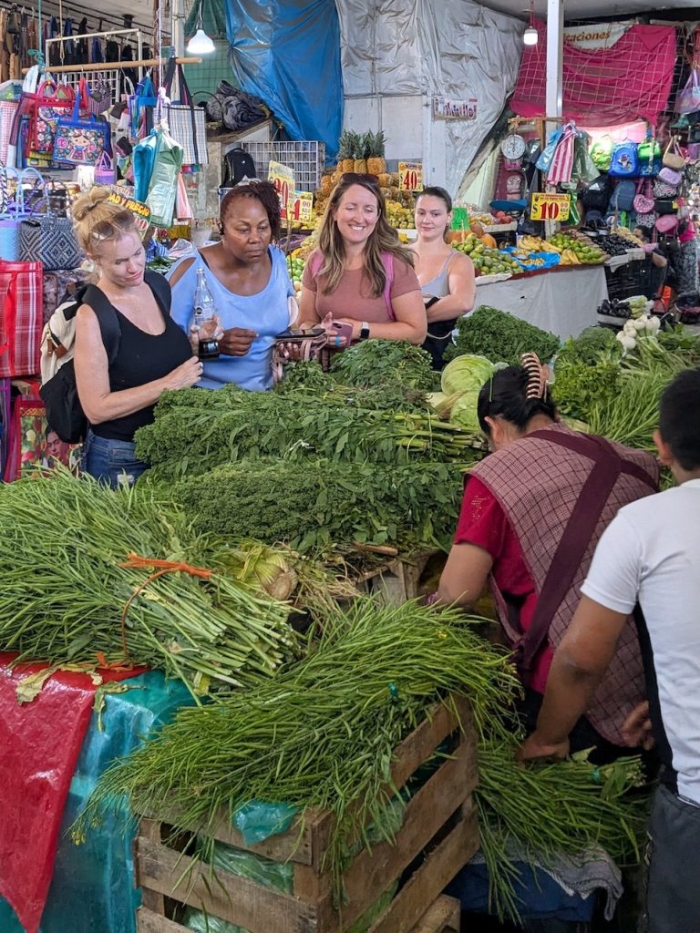 Group of spanish immersion students choosing huazontles at a mexican market stall in Cuernavaca