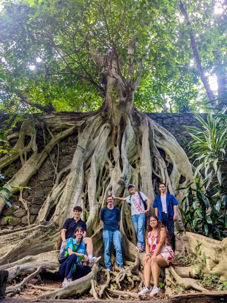 Spanish immersion students posing in front of a ficus tree in Parque Chapultepec, Cuernavaca, Mexico