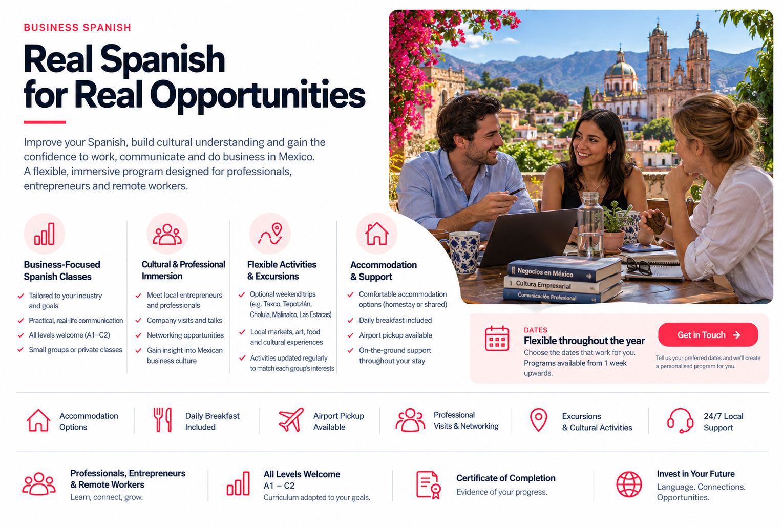 Table outlining what is included in our Business Spanish Immersion course. includes information about accommodation, Spanish classes and airport pick up