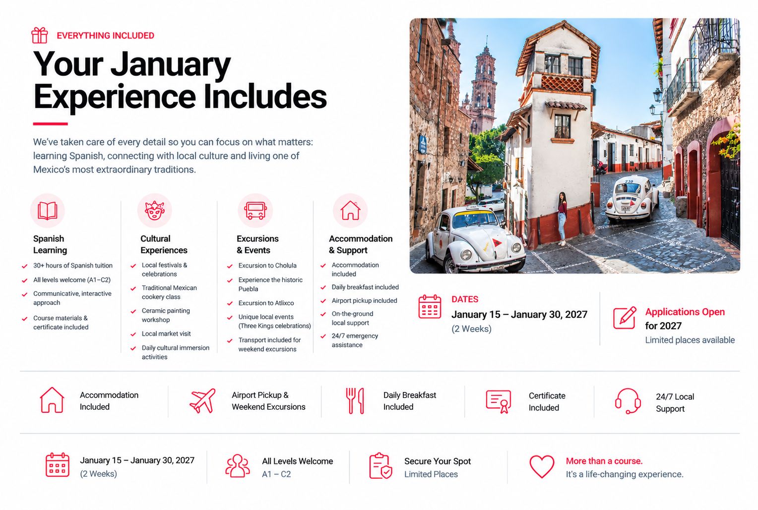 Table outlining what is included in ourJanuary Spanish Immersion course. includes information about accommodation, Spanish classes and airport pick up