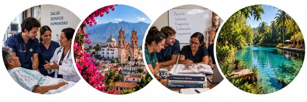 Four circular overlapping photos showing landscapes from our Medical Immersion course