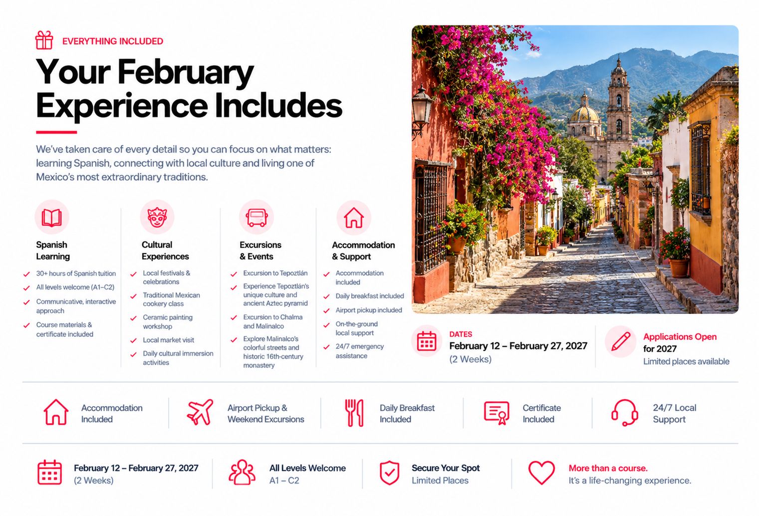 Table outlining what is included in ourJanuary Spanish Immersion course. includes information about accommodation, Spanish classes and airport pick up