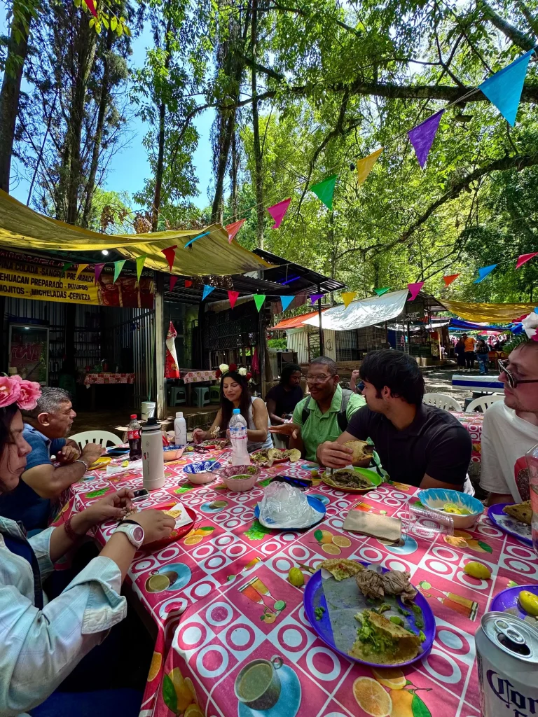 American Spanish immersion students eating at an outdoor restaurant in Chalma, Mexico