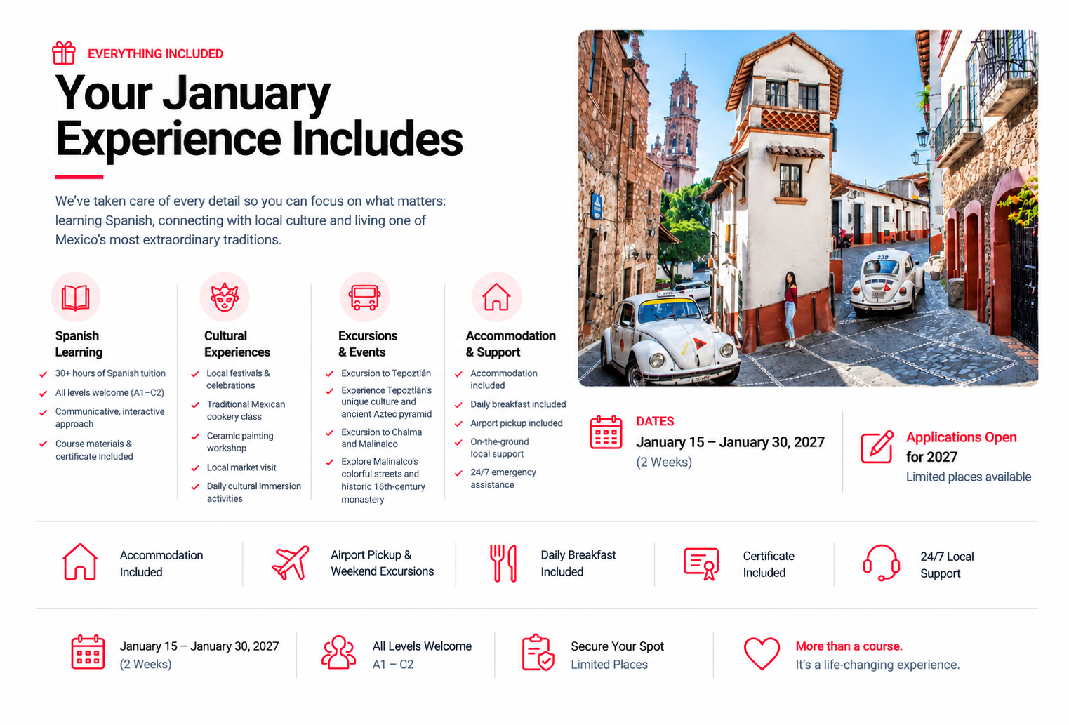 Table outlining what is included in ourJanuary Spanish Immersion course. includes information about accommodation, Spanish classes and airport pick up