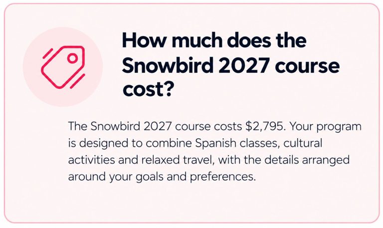 Infobox with the price of the february snowbirds course - $2975 USD for the full two week course with accommodation included and airport pick up