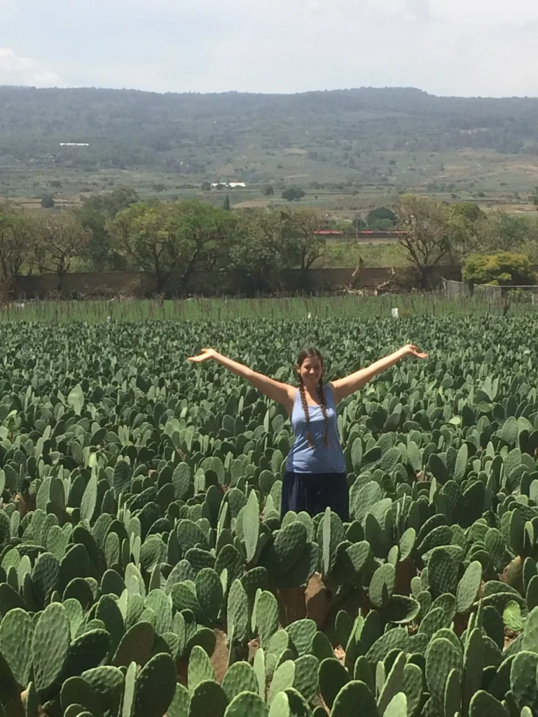 Tourist in a nopal field in Tlayacapan, Mexico